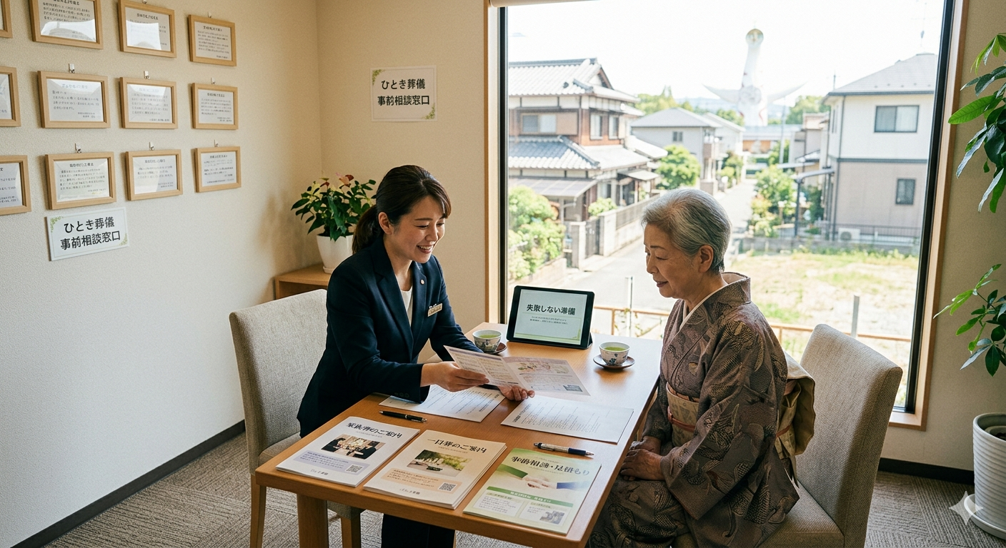 吹田市・茨木市・摂津市で家族葬や一日葬の事前相談を行う様子。葬儀で失敗しないための準備を専門スタッフが丁寧に解説。背景には太陽の塔が見える明るい相談窓口。