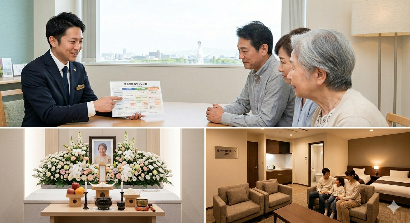 茨木市での葬儀相談の様子、白を基調とした清潔感のある家族葬の祭壇、および宿泊設備が充実した家族葬専門ホールのリビングルームの比較画像